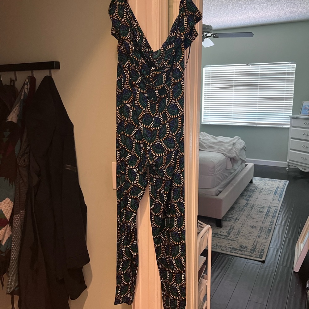 Silk and salt Elegant Teal Patterned Jumpsuit